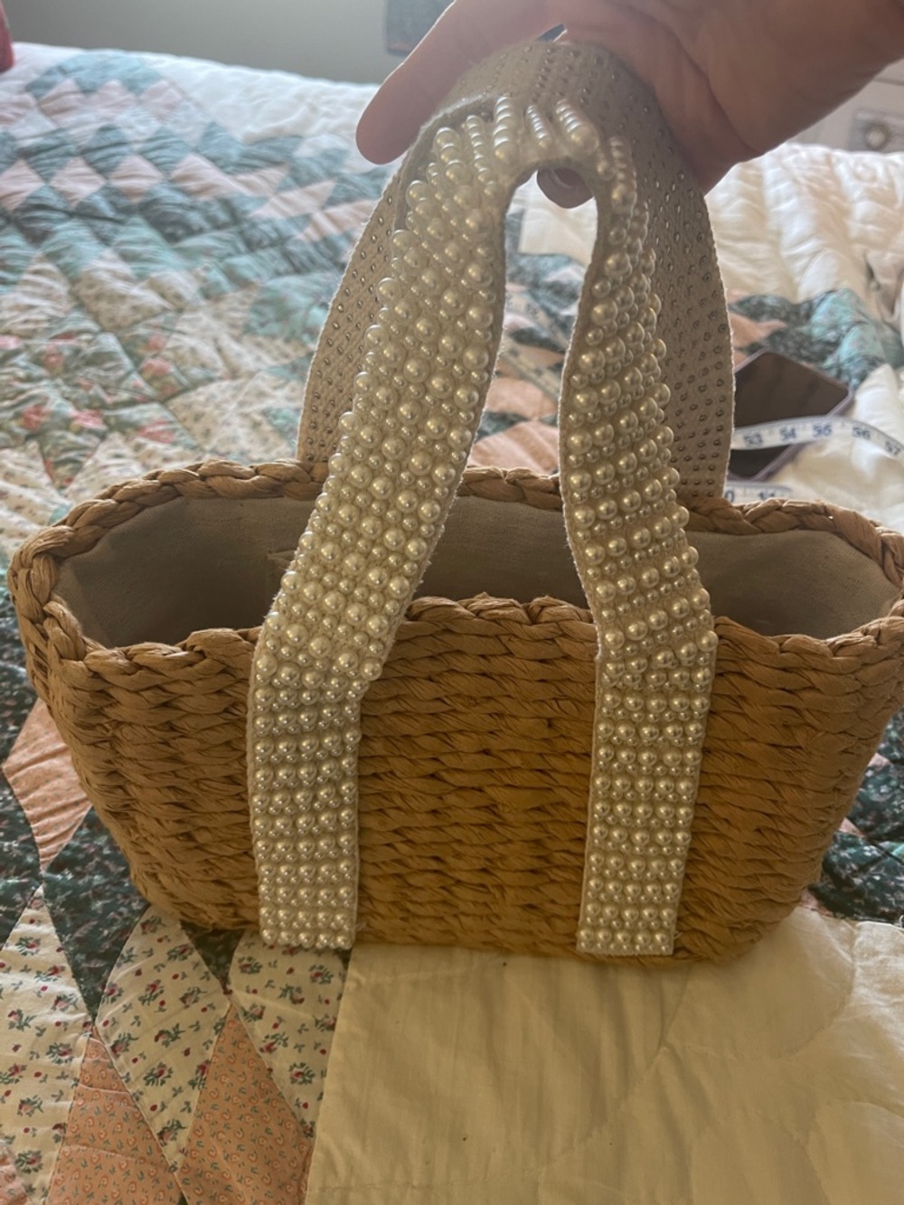 Pearl-Accent Woven Straw Tote Bag - Natural